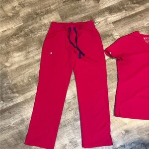 Figs Women’s Hot Pink Scrub Top & scrub pants  with Navy Drawstring